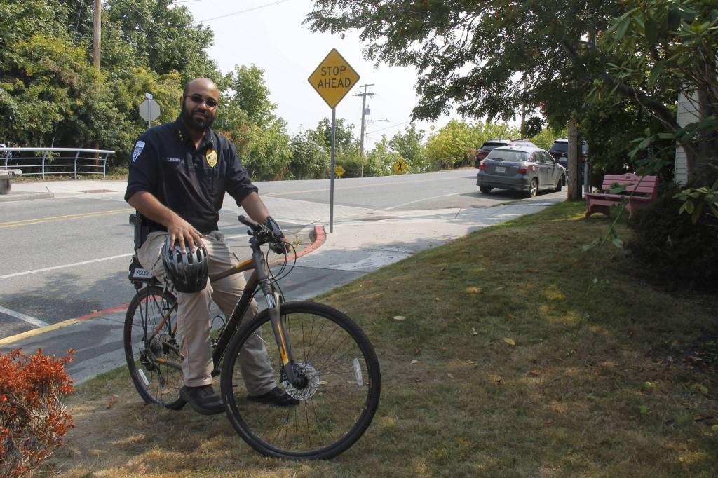Photo by Kira Erickson/South Whidbey Record
Patrolling by bicycle allows Police Chief Tavier Wasser the chance to interact with citizens more than within a car.