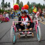 Tim Callison dressed as the Cat in the Hat while driving his Dr. Seuss-themed racecar in the 2019 Soup Box Derby. (Photo by David Welton)