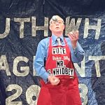 Winner Billy McCabe started off his talent portion of the night by juggling, but soon quit to auction off three cakes for votes. (Photo provided)