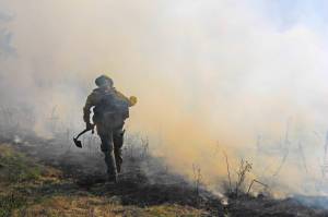 A firefighter walks across the thick smoke holding a shovel. (Photo by Luisa Loi/Whidbey News-Times)