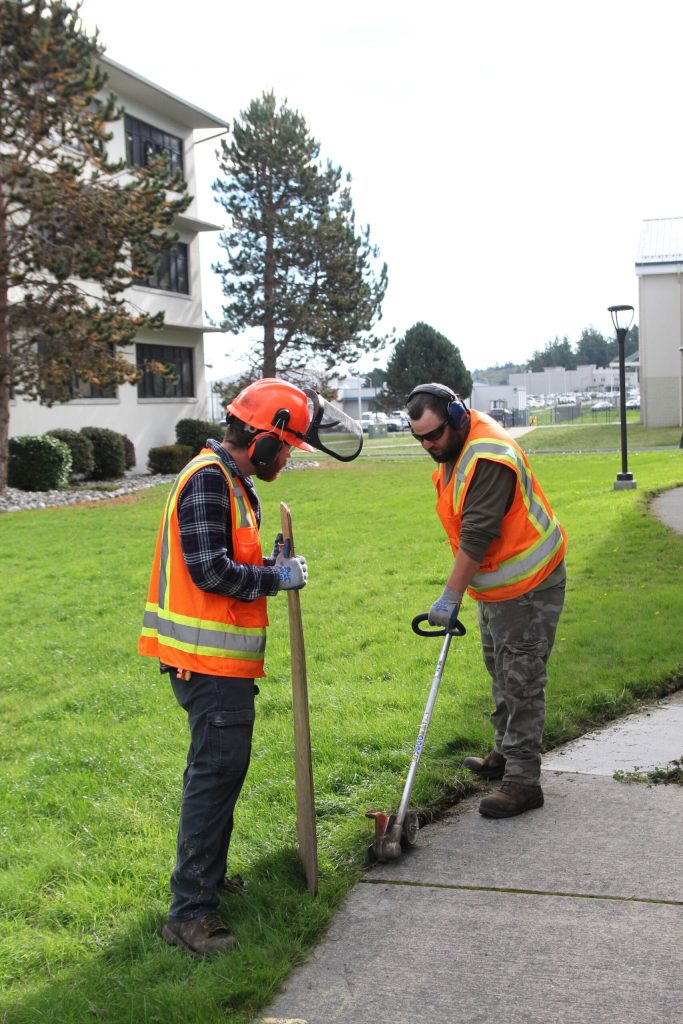 New Leaf employees work together to trim the grass. (Photo by Luisa Loi)