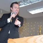 Photo by Megan Yerton
Master of Ceremonies Bryan Stucky points to some of his future customers. Stucky was also awarded as the Best Businessperson of the Year and his business, Wallin-Stucky Funeral Home, won Best Business of the Year.