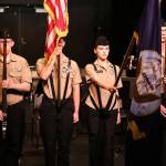 Oak Harbor High School NJROTC cadets participate in the 20th annual community Veterans Day ceremony at the Oak Harbor High School auditorium. The Oak Harbor Navy League and the Oak Harbor Chamber of Commerce sponsored the event. (Photo by John Fisken)
