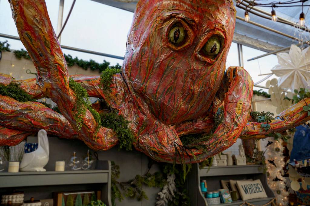 A giant octopus, made by employee Randy Landon, looms over visitors to Bayview Gardens Holiday House. (Photo by David Welton)