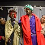 Pastor Dean and Nicole Rice, a ministry at the church, pose with two characters from the display. (Photo by Luisa Loi)