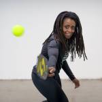 Abi Tschetter returns the ball during a game of pickleball. (Photo by David Welton)