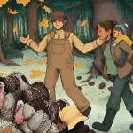In Thankful Harvest, a family prepares to harvest a flock of turkeys on their farm. (Illustration by Heather Talley)