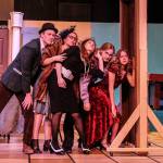 Mr. Green (Asher Lemme), Mrs. Peacock (Savannah Dickson), Mrs. White (Sadie Marriott), Professor Plum (Kincaid Cochran) and Miss Scarlet (Isabella Barbee) in a scene of Clue. At the beginning of the story, each character is assigned a fake name to keep their anonymity. (Photo by Luisa Loi)