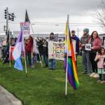 About 50 people showed up at the corner of Highway 20 and Pioneer Way in response to the death of Nex Benedict, a trans student who died last month a day after being attacked in a school bathroom. (Photo by Luisa Loi)