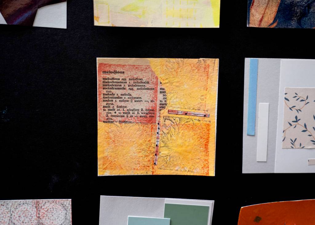 Karen Rothboeck used clippings from an Italian dictionary in her pieces for Little Art. (Photo by David Welton)