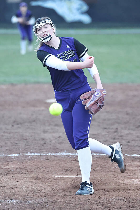 Oak Harbor sophomore Reese Wasinger pitches during a game in 2023. Oak Harbors softball team begins its season March 12 when they host Cascade. (Photo by John Fisken)