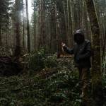 Whidney Camano Land Trust stewardship specialist Kyle Ostermick-Durkey gestures toward a thinned portion of the Trillium Community Forest on Tuesday. (Photo by Sam Fletcher)