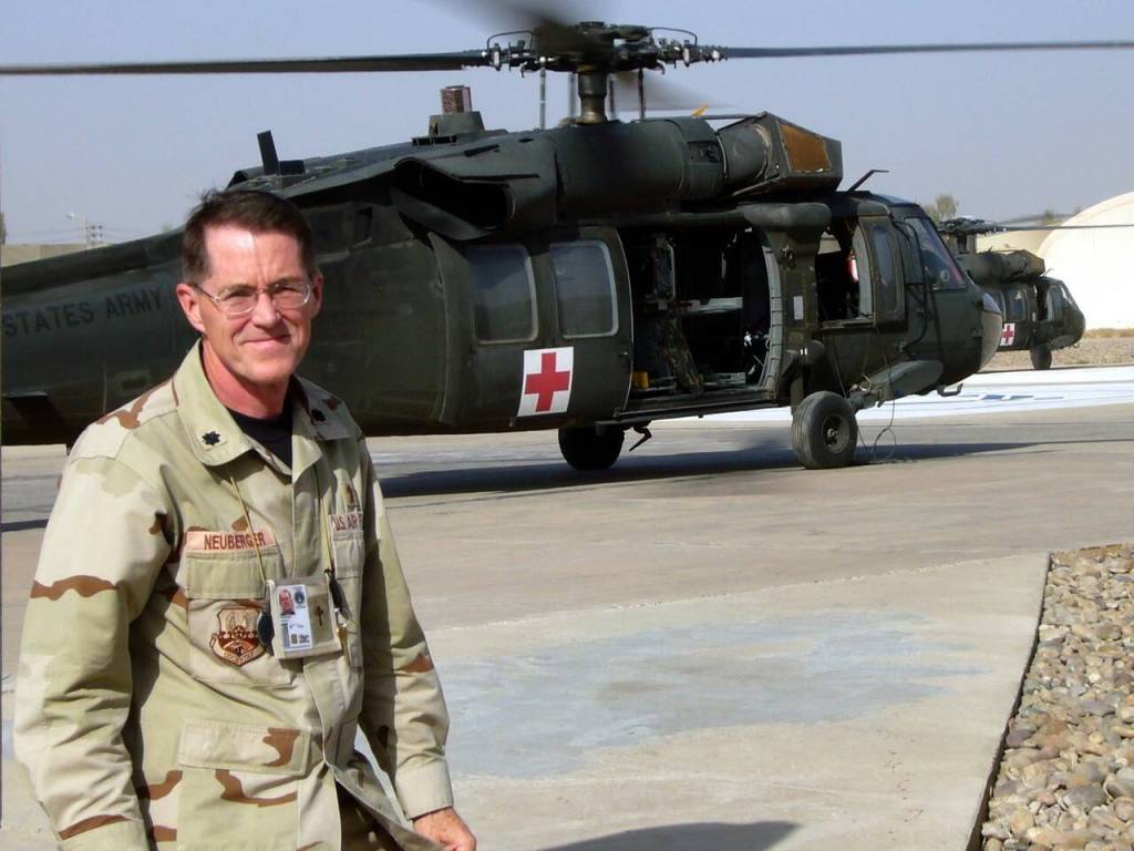 Photo courtesy of Jeffrey Neuberger
Chaplain, Lt Col, USAF (Ret) Jeffrey Neuberger stands on a helipad in Iraq.