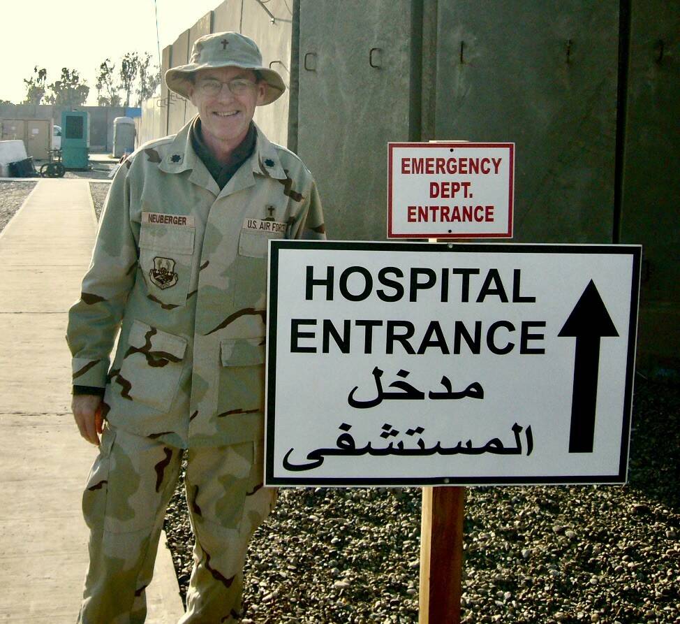 Chaplain, Lt Col, USAF (Ret) Jeffrey Neuberger stands at the military hospital entrance in Iraq. (Photo courtesy of Jeffrey Neuberger)