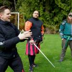 From left, Chris Karg, Lorenzo Mendoza and Jeremy Coleman are from the Snohomish Dueling Society. (Photo by David Welton)