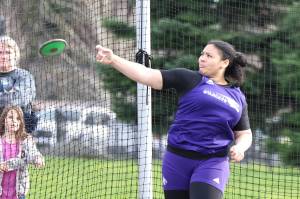 Oak Harbor kicked off the track season March 13 hosting Mount Vernon. The Wildcats season continues April 6 when the boys and girls teams travel to Bellingham to compete in the Birger Solberg Invitational. (Photo by John Fisken)
Olivia Hudson throws a discus far. (Photo by John Fisken)