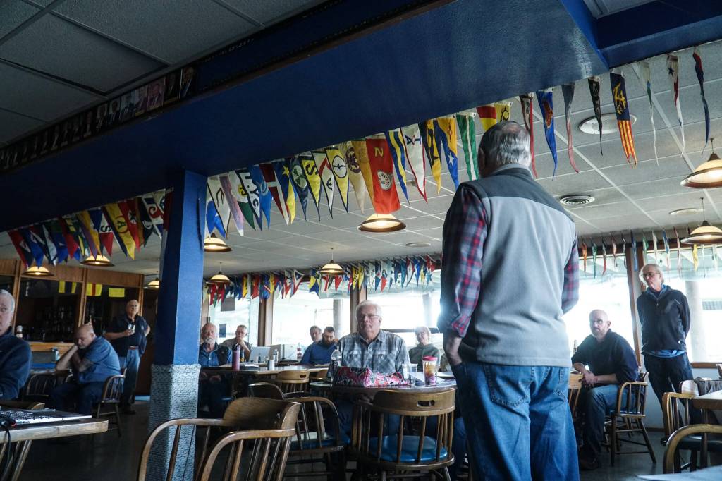 Retired Coastguardsman Jim Cushman leads a presentation on boat safety on Saturday at the Oak Harbor Yacht Club. (Photo by Sam Fletcher)
