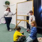 Photo by Luisa Loi
Acting Instructor Shelby Montoya asks the class to name the different parts that make a stage.