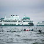 Ryan Berry / The Herald
Two Washington State ferries pass along the route between Mukilteo and Clinton as scuba divers swim near the shore Sunday, Oct. 22, 2023, in Mukilteo, Washington.