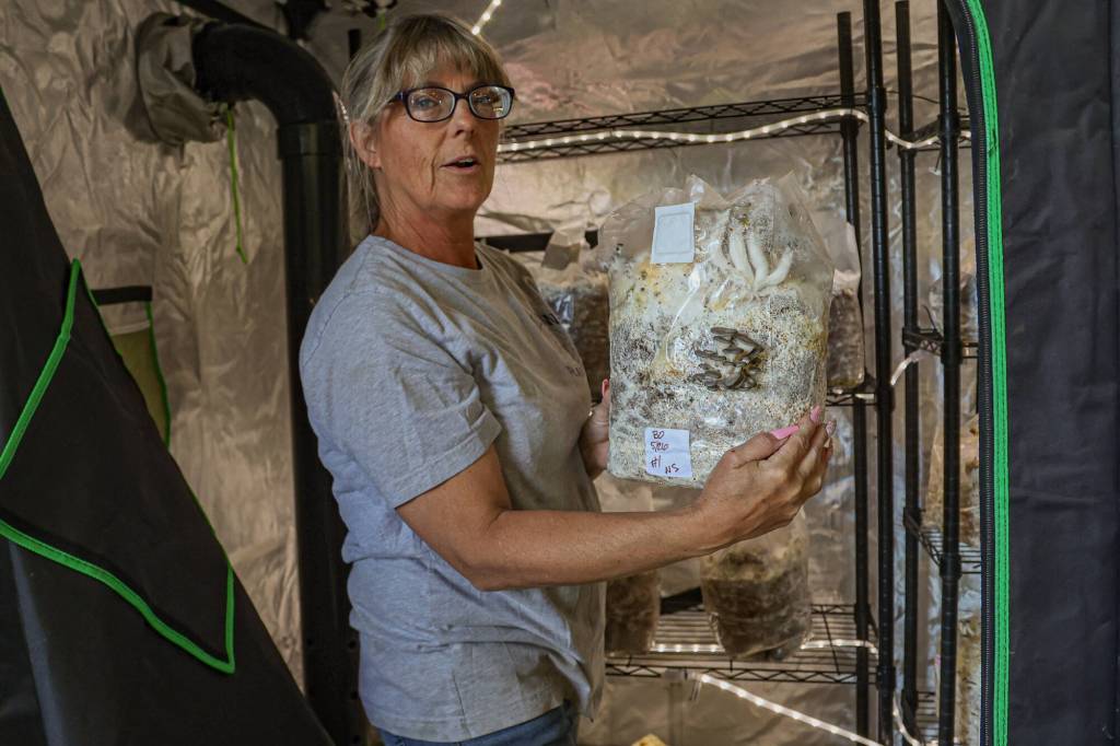 Melissa Tucker speaks about the growth of the mushrooms in the grow tent at Willow Ranch, June 25. (Photo by Caitlyn Anderson)