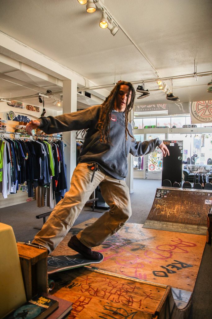Photo by Luisa Loi
Collins skates inside his store, Geez Skate Shop, a place where skaters of all ages and skill level can find gear and meet other skaters.