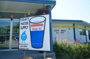 Oak Harbors Water Supply signs recently dropped to Stage 1, recommending water conservation practices. (Photo by Sam Fletcher)