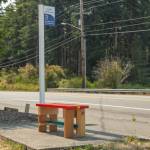 A red and yellow Island Transit bus bench stands at Heller Street in Oak Harbor. (Photo by Caitlyn Anderson)