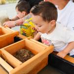 Jason, 1, is excited to sift sand with his mother, Yessi. (Photo by Luisa Loi)