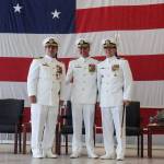 Photo by Sam Fletcher
Left to right, Commanding Officer Capt. Eric Hanks, Rear Admiral Mark Sucato and relieving Commanding Officer Capt. Nathan Gammache pose at the change of command ceremony on Thursday.