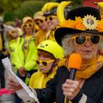 Photo by David Welton
Dressed in a banana hat complete with her fathers picture, Gretchen Lawlor read Peter Lawlors poem at the end of the Soup Box Derby.