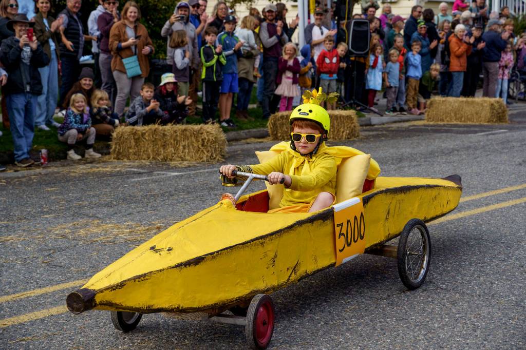 Photo by David Welton
Luca Pascual-Standish, 8, represented the Lawlor family in a ripe banana racecar.