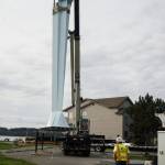 The Angel De Creatividad sculpture took flight on Wednesday as Ram Construction riggers move it in place. (Photo by Sam Fletcher)