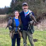(Photo provided)
Bethany and Justin Rondeaux hold their falcons, Griffin and Sky.