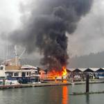 (Photo by Emily Gilbert)
A 34-foot Bayliner was destroyed in a fire on Tuesday, prompting a large fire response that involved first responders from North Whidbey and the mainland.