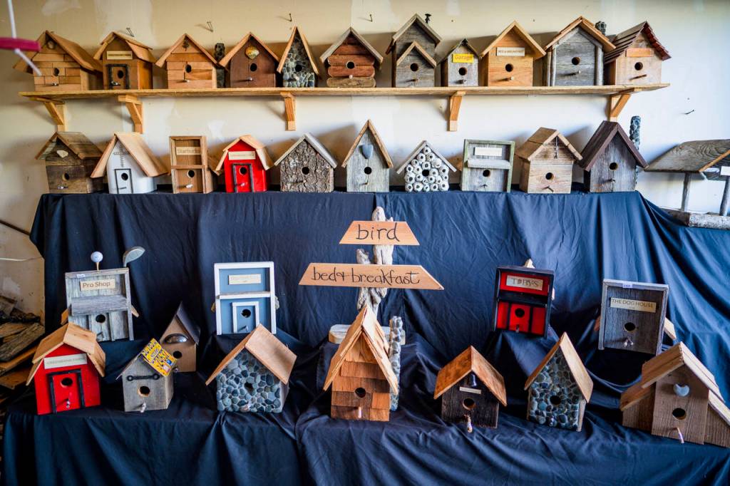 (Photo by David Welton)
An array of John Schmidts birdhouses, a retirement venture which he refers to as Bird Bed & Breakfast.