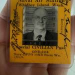 Natalie Bleifuss holds former Oak Harbor mayor and her great gradfather Ray Maylors special civilian pass to Naval Air Station Whidbey Island. (Photo provided)