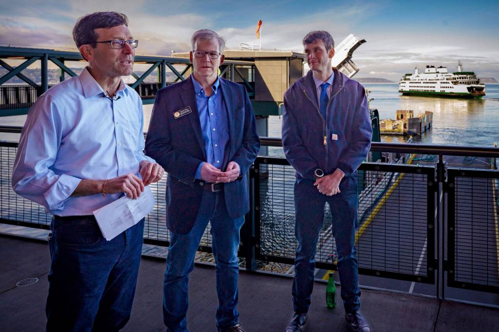 Photo by David Welton
Bob Ferguson was joined by other elected officials, including state Rep. Dave Paul and Rep. Greg Nance, during a visit to the Mukilteo-Clinton ferry route this week.
