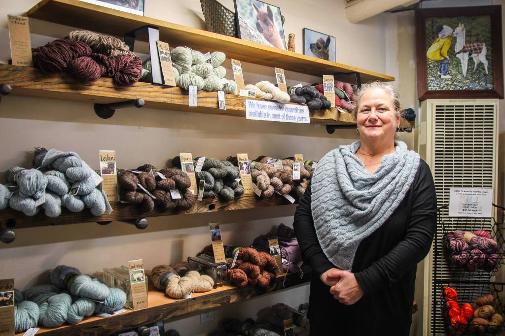 (Photo by Luisa Loi)
LeeAnna Jorgenson wears an alpaca knitted scarf while standing by a display of yarns produced by her alpacas.