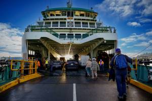Photo by David Welton
Passengers walk onto the Tokitae ferry in Clinton.