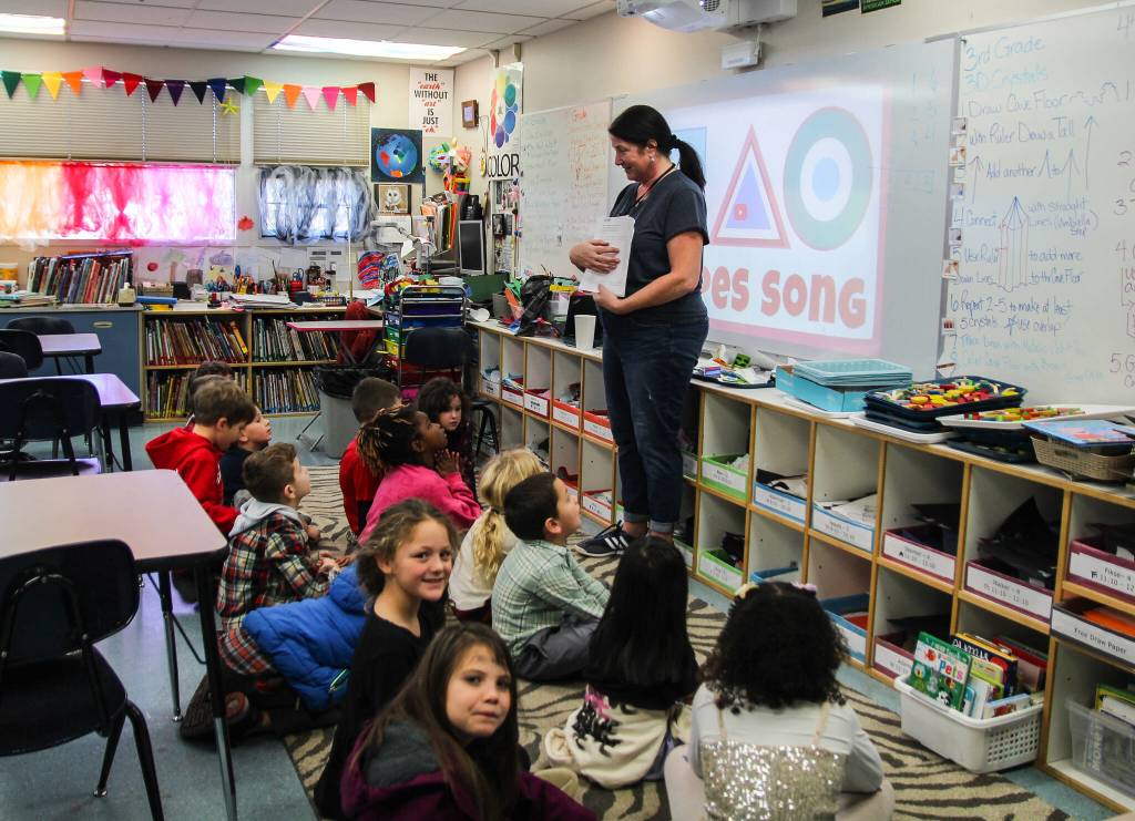 Photo by Luisa Loi
Rachal Marcus, visual art teacher at Broad View Elementary, talks to a class of first graders. Marcus believes art teaches children how to think creatively. Without the levy, the school wouldnt be able to pay full-time art teachers or buy art materials.