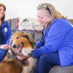 (Photo by Luisa Loi)
At right, Jayne McKelvy and Julie Cathey compliment Rufus for being a good boy during his annual exam. He was also vaccinated for bordetella (a bacterium associated with respiratory disease) and leptospirosis (an infection that can cause vomiting, lethargy, diarrhea and other symptoms). His owner, Kim Connolly, said skipping the drive to the veterinary clinic was a relief.
