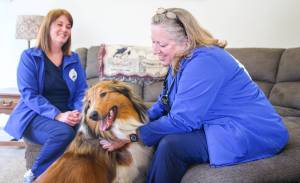 Photo by Luisa Loi
At right, Jayne McKelvy and Julie Cathey compliment Rufus for being a good boy during his annual exam. He was also vaccinated for bordetella (a bacterium associated with respiratory disease) and leptospirosis (an infection that can cause vomiting, lethargy, diarrhea and other symptoms). His owner, Kim Connolly, said skipping the drive to the veterinary clinic was a relief.