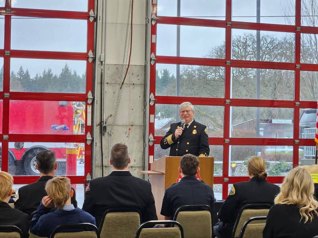 (Photo provided)
South Whidbey Fire/EMS Assistant Chief Terry Ney at his retirement ceremony. Neys last day on the job was Jan. 31.