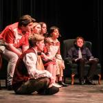 (Photo by Luisa Loi)
In I Cant Get Next to You, a family bickers over seating right before gluing their eyes to the tv to witness the first moon landing. On the ground, Preston Turner. At left, Isabella Barbee, Lucas Smith, Sabrina Cray, Kaitlyn Marley, Abby Lockard and Logan Hendricks.