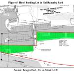 A figure in court documents shows a developers plans for a hotel in downtown Oak Harbor. The red line denotes the location of Hal Ramaley Memorial Park. The green
shaded areas show where portions of the park would be paved over to be used as part of the hotel’s parking lot.