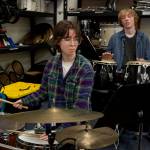 Freshman Luci Helm, left, on the drums and sophomore Solomon Hilliard plays the congas. (Photo by David Welton)