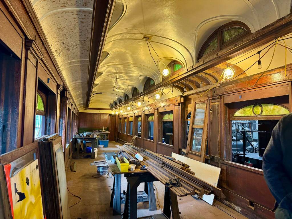 The inside of parlor car 1049 in the Northwest Railway Museums workshop, April 29, 2025. (Grace Gorenflo/Valley Record)