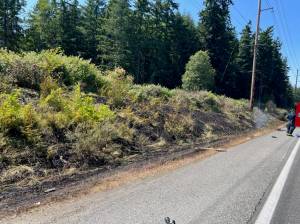 Photo by South Whidbey Fire/EMS
A brush fire just outside of Freeland scorched a large area next to the highway.