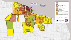 City of Langley image
This map of zoning areas in Langley shows the location along Cascade Avenue where a change from central business to residential single family zoning has been proposed.