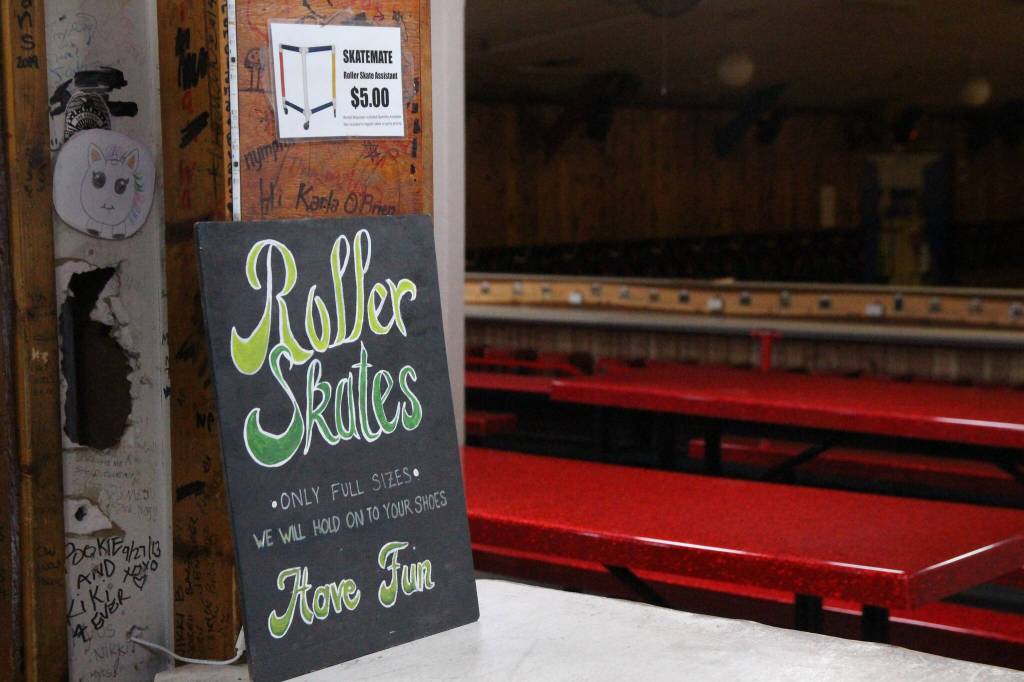 Roller skate rental and the newly renovated seating area alongside the rink.